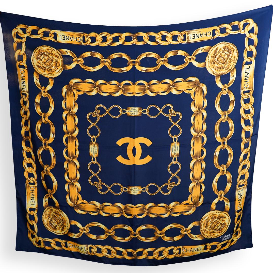 Chanel 'Rue Cambon' Navy Blue Silk Scarf (1 of 5)