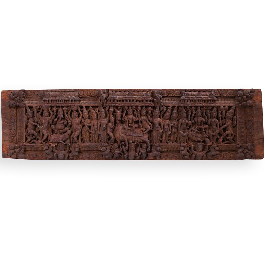 Indian Temple Wood Carved Relief Panel (1 of 5)