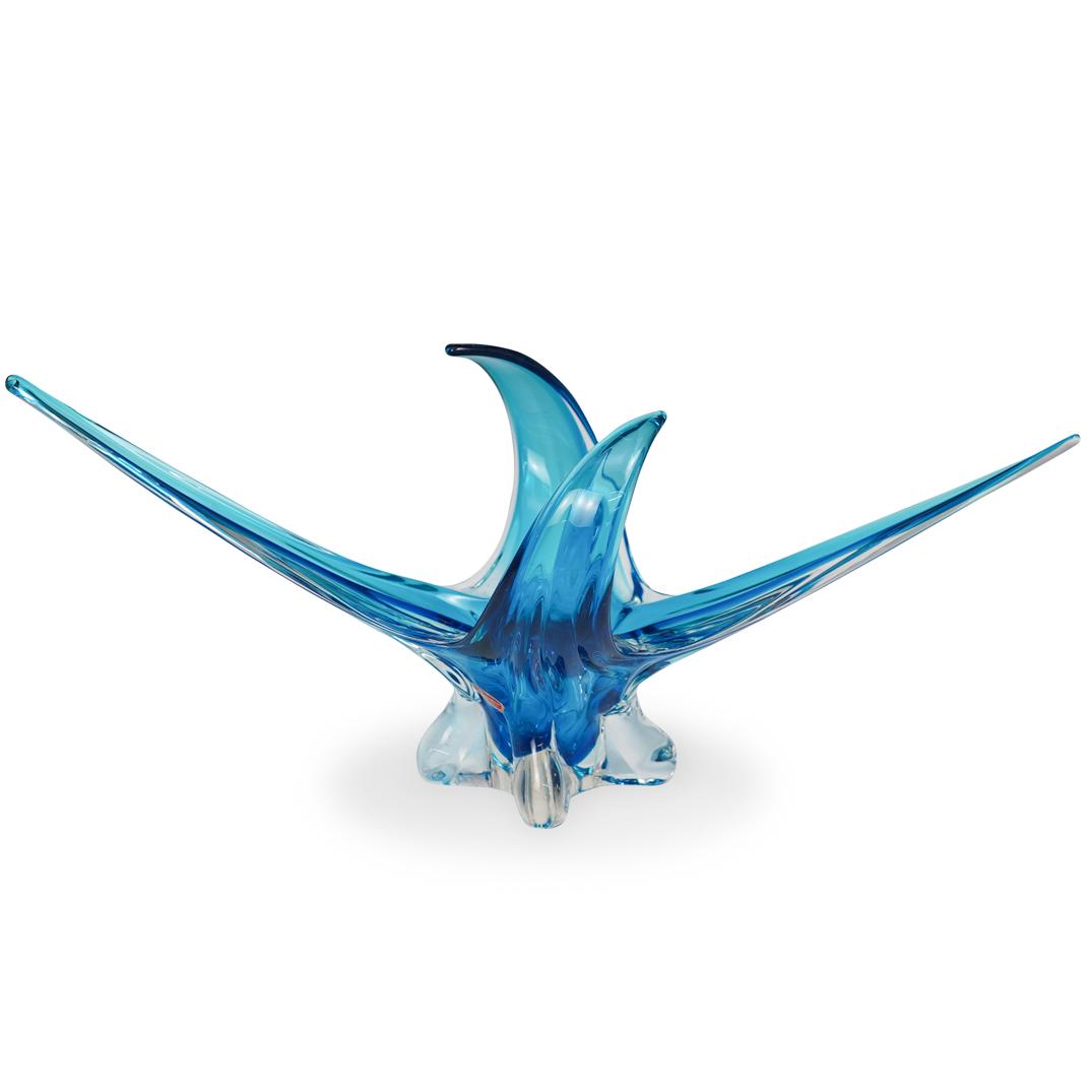 Lino Zanetti Murano Glass Vase: DESCRIPTION: A Lino Zanetti signed Murano blue and clear glass centerpiece in a geometric shape, labeled "Murano Italy" and signed "Zanetti" on the underside. CIRCA: 20th Century ORIGIN: Italy DIMENSI