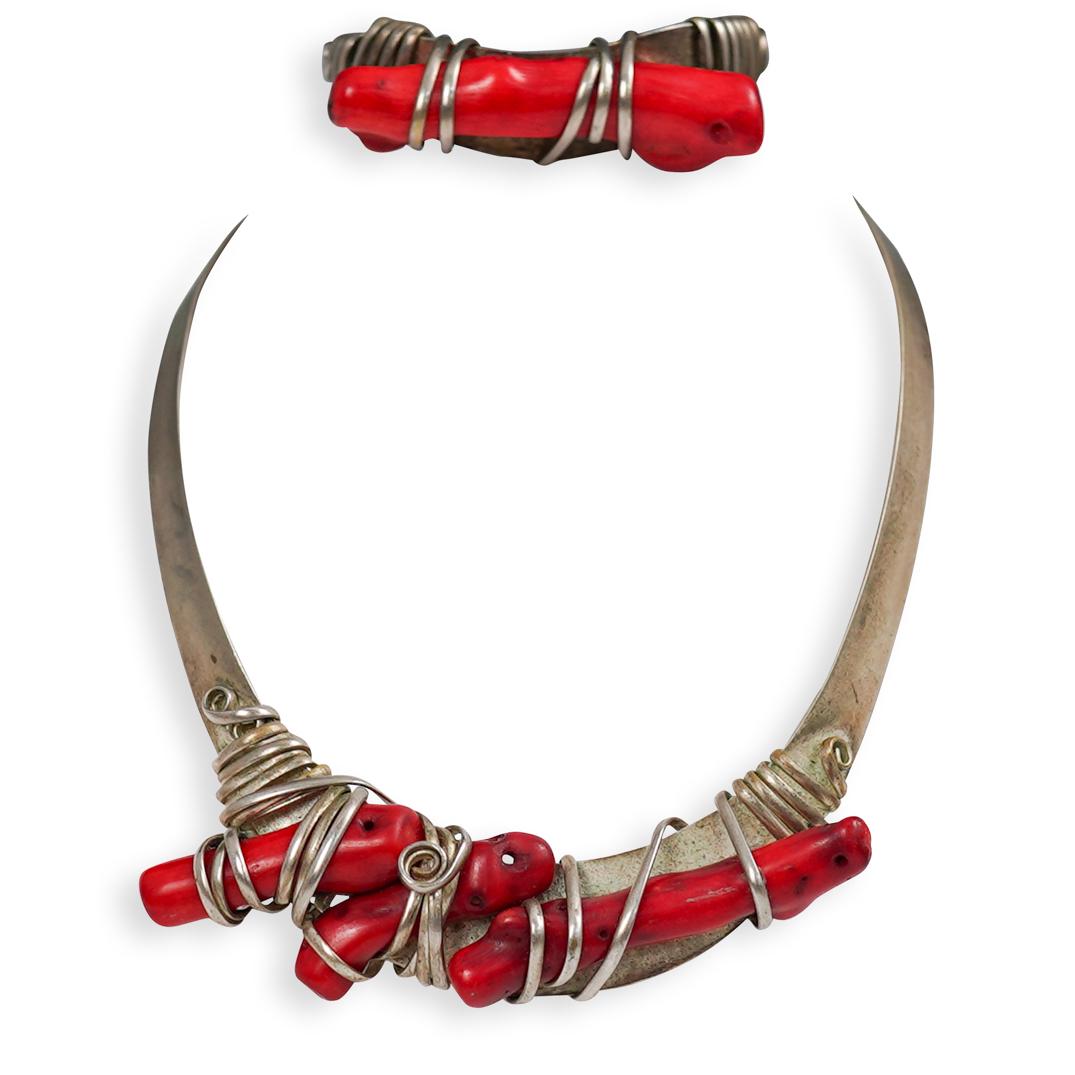 (2 Pc) Silver and Coral Necklace Set (1 of 4)
