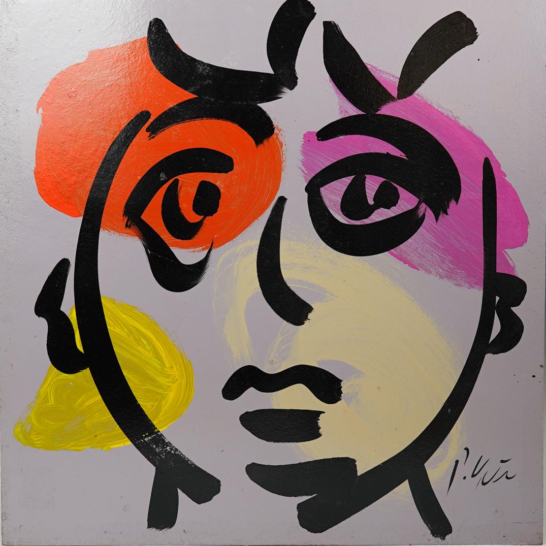 Peter Keil (German, b. 1942) Acrylic on Board: DESCRIPTION: An acrylic on board painting by German artist Peter Keil. Depicts a portrait in various colors executed in an abstract style over a lavender background. Signed a"P. Keil". Unframed. COA t