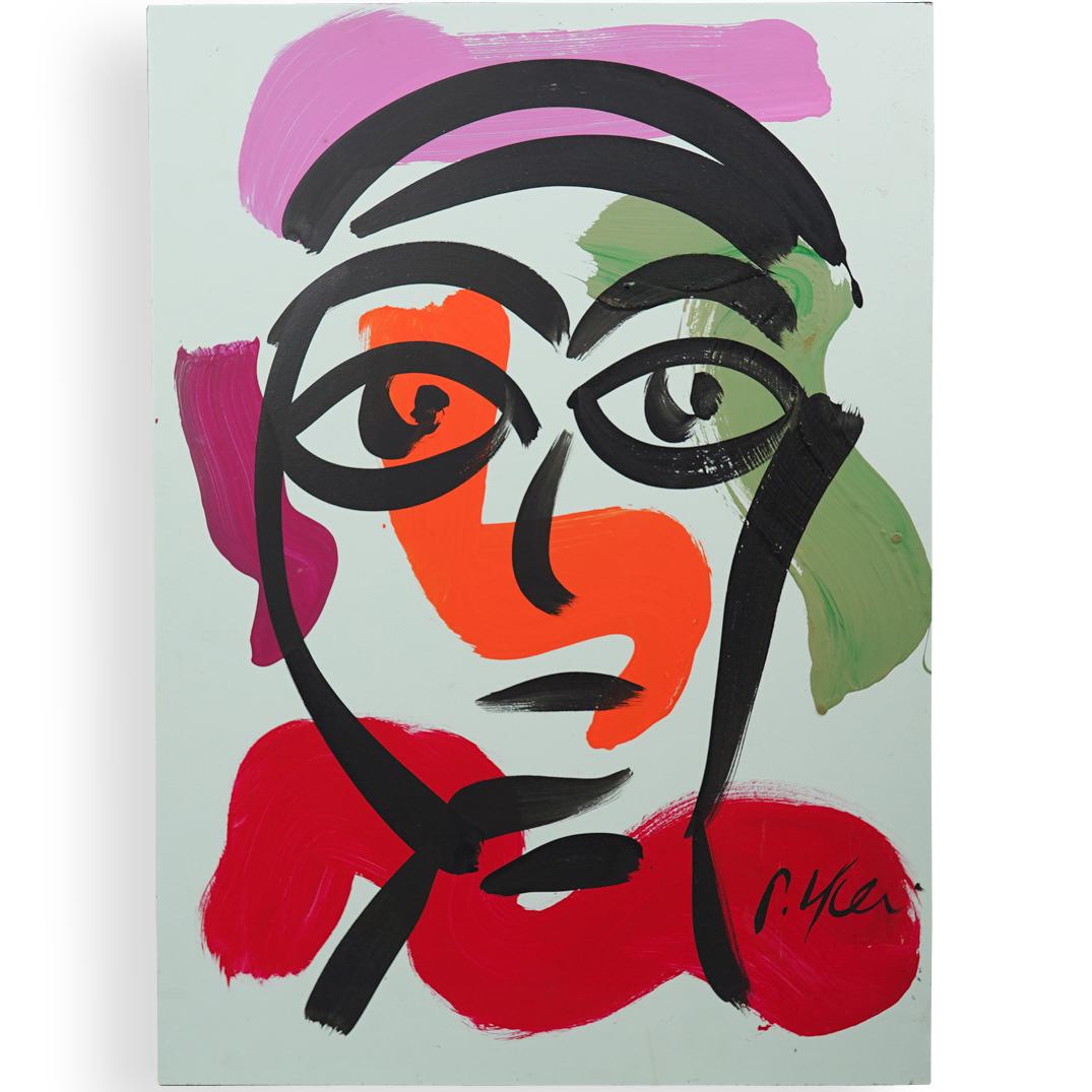 Peter Keil (German, b. 1942) Acrylic on Board: DESCRIPTION: An acrylic on on board painting by German artist Peter Keil. Depicts a portrait in various colors executed in an abstract style over a Celestial background. Signed a"P. Keil". Unframed. C