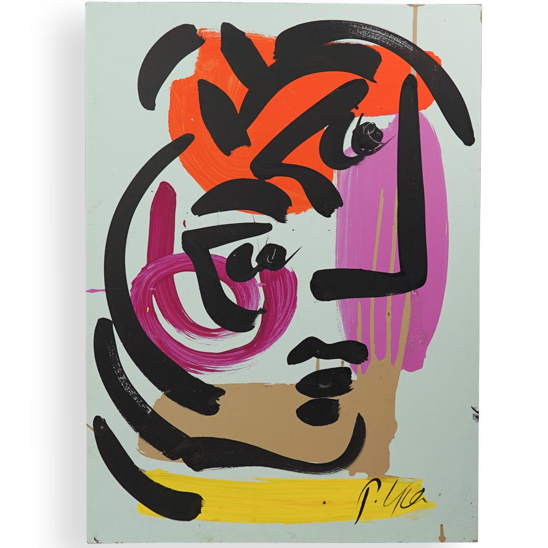 Peter Keil (German, b. 1942) Acrylic on Board: DESCRIPTION: An acrylic on on board painting by German artist Peter Keil. Depicts a portrait in various colors executed in an abstract style over a Celestial background. Signed a"P. Keil". Unframed. C