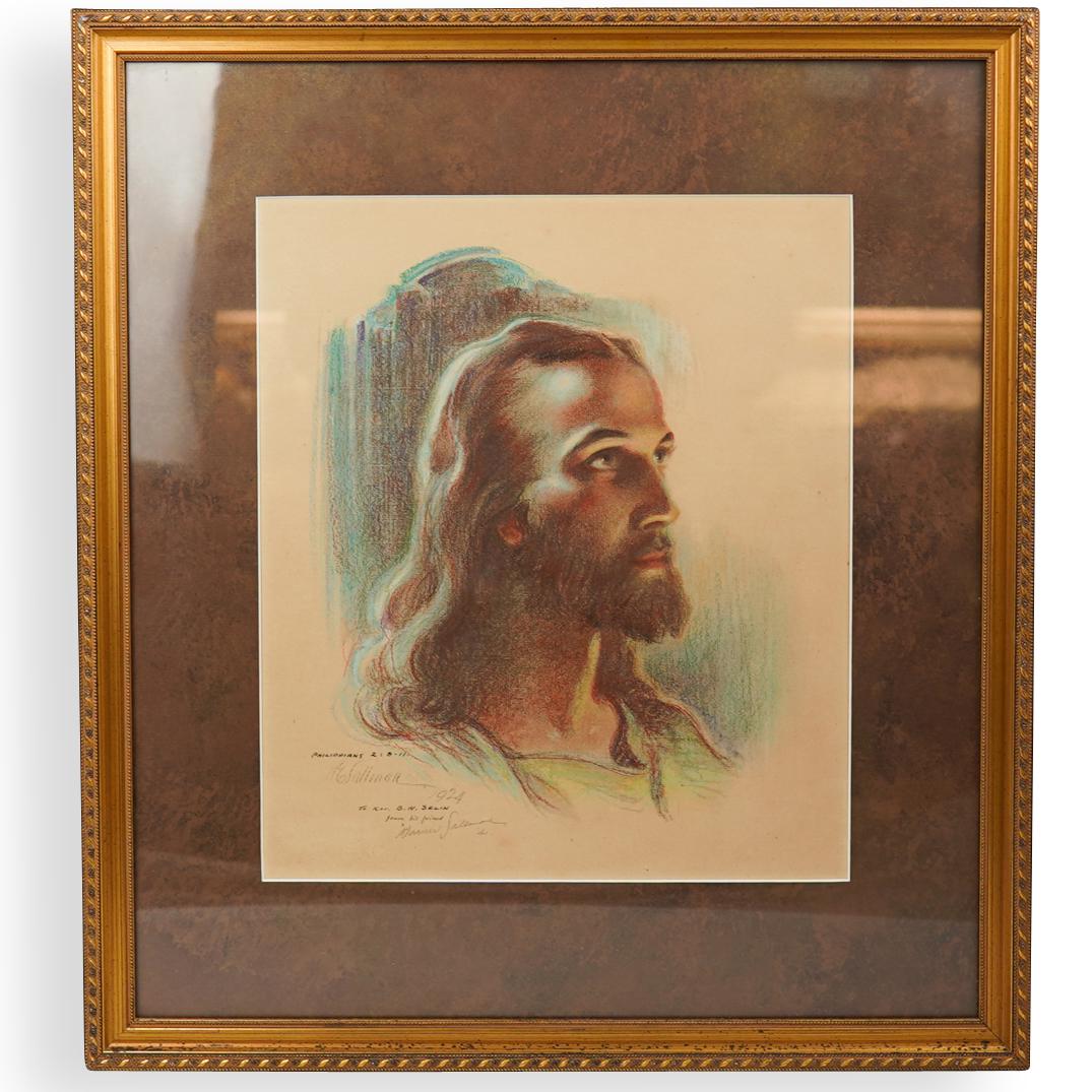 Signed Pastel Drawing of Jesus Christ: DESCRIPTION: A pastel in color drawing depicting Jesus Christ, inscribed on the lower left, "Philippians 2:8-11, Sallmar 1924, To Rev. B.. Selin from his friend Warren Sallmore" Framed under glass. CI