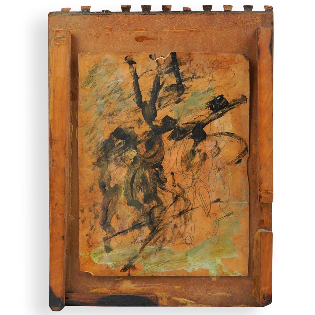 Purvis Young (American, 1943-2010) Mixed Media: DESCRIPTION: Depicts a mixed media (acrylic, found wood, pen and pencil) painting of figures on cardstock mounted onto a found wood panel frame. Signed upper right. CIRCA: 20th Century ORIGIN: USA DIM