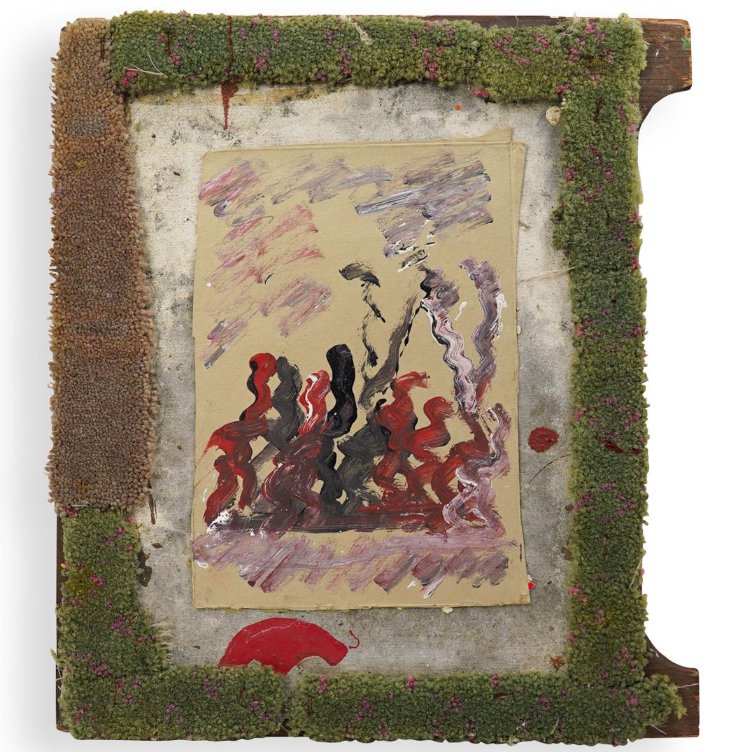 Purvis Young (American, 1943-2010) Mixed Media: DESCRIPTION: Depicts an acrylic painting of figures on cardstock mounted onto a found wood panel frame with carpet trimming along the border. CIRCA: 20th Century ORIGIN: USA DIMENSIONS: H. 15.5" x W.
