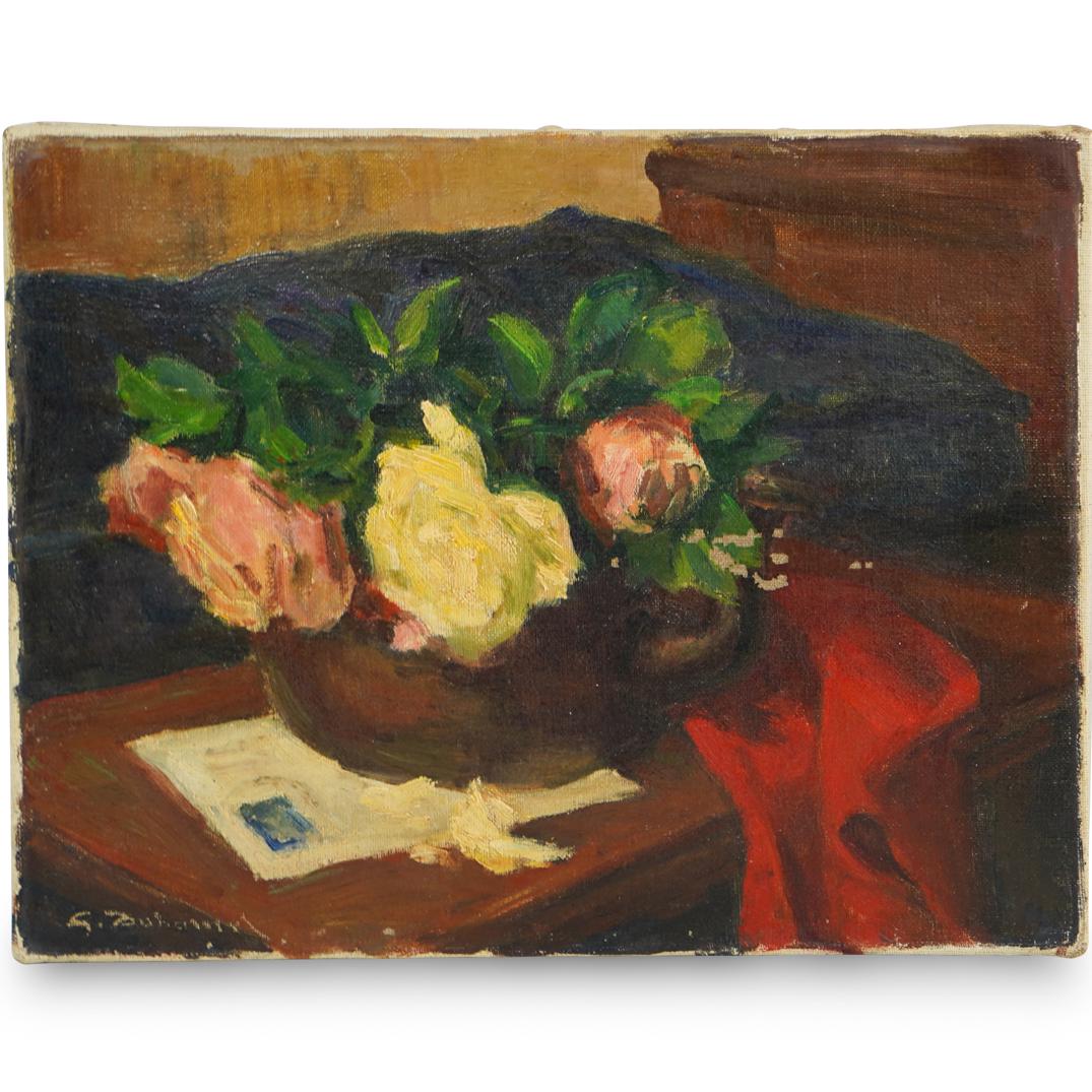 Georges Binet (French, 1896-1949) Oil Painting: DESCRIPTION: An oil on panel painting by Georges Jules Ernest Binet. Depicting an interior salon scene with paintings by the artist hanging on the wall. Signed and dated upper right "Georges Binet 194