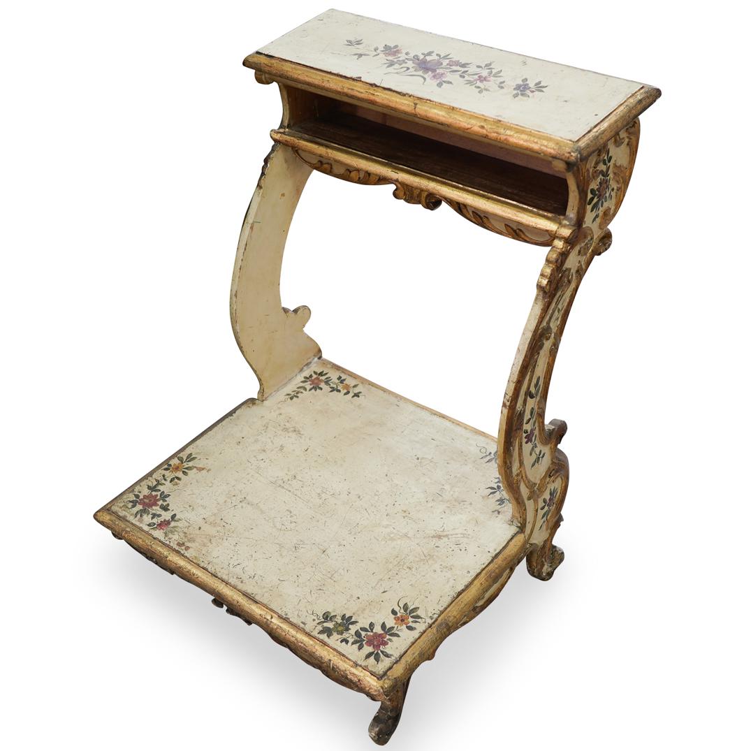 Antique Carved Wood Prie DieuÃ‚: DESCRIPTION: An antique victorian carved wood prie dieu chair kneeler. Gilt painted with ornate flower motifs.Ã‚ CIRCA: Late 19th / Early 20th Ct.Ã‚ ORIGIN: Italy DIMENSIONS: H: 34.5" x W: 25" L