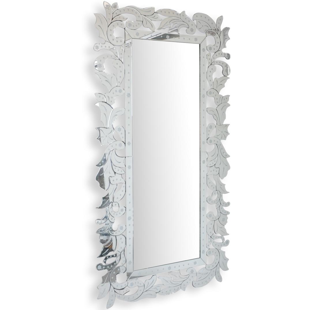Venetian Style Etched Glass Wall Mirror: DESCRIPTION: A Venetian style wall mirror, features beveled plate mirror surrounded by floral etched glass frame, affixed with glass accents. CIRCA: 20th Century DIMENSIONS: H. 75" x W. 39" CONDITION: