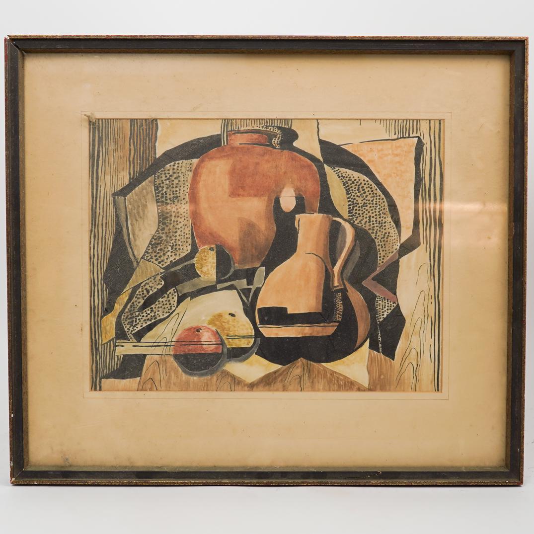 Signed Watercolor on Paper: DESCRIPTION: Depicting a still life composition with table articles and fruits in a cubist style. The reverse marked "From the estate of Bertra Brooke" Framed under glass. CIRCA: 20th CenturyÃ‚ ORI