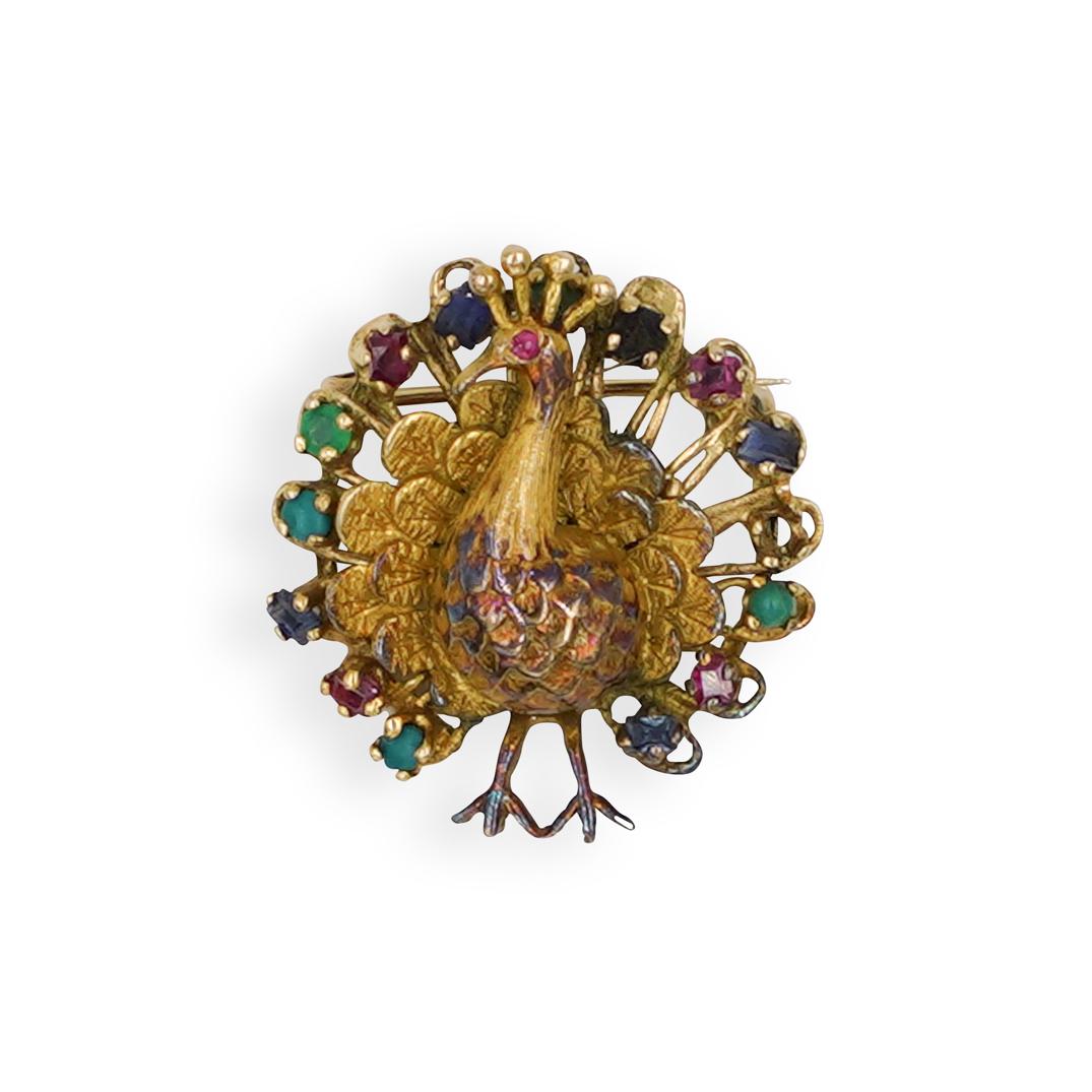 18k Gold and Precious Stone Peacock Pin (1 of 2)