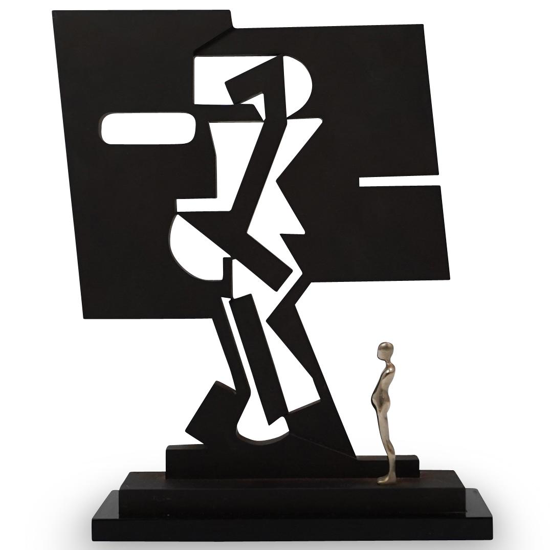 Ernest Trova (American,1927-2009)"Gox Arch" Sculpture: DESCRIPTION: A sculpture by surrealist artist Ernest Trova composed of cold-rolled steel painted center over a black flattened epoxy, fitted with a bronze sturdy man figure. Marked along the bottom "