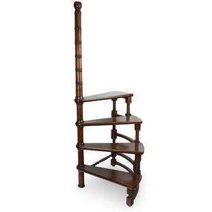 Wooden Spiral Library Ladder: DESCRIPTION: A stained brown wood spiral library stepping ladderÃ‚ CIRCA: 20th Ct.Ã‚ ORIGIN: USA DIMENSIONS: H:49" x L: 23" x W:18" CONDITION: Great condition. See lot description for details on