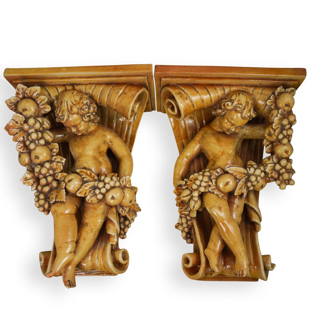 (2 Pc) Signed Italian Ceramic Cherub Wall Shelfs (1 of 5)