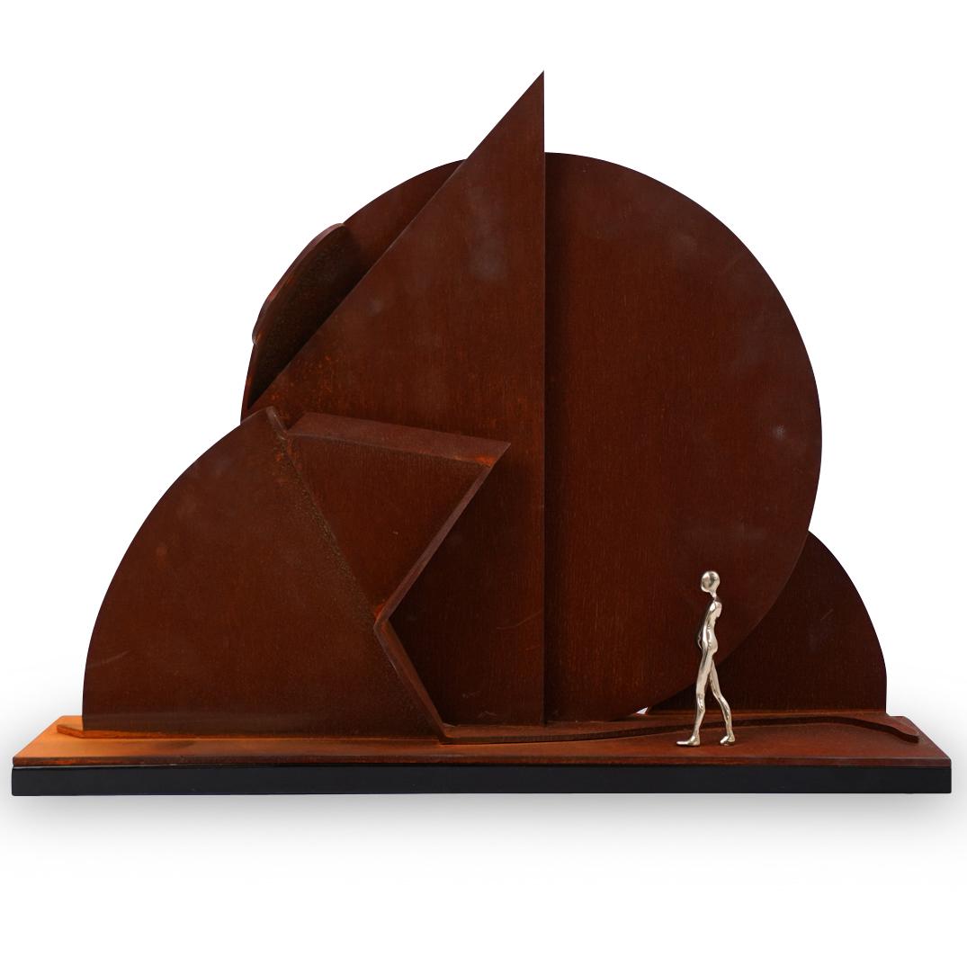 Ernest Trova (American, 1927-2009) "Profile Canto": DESCRIPTION:A sculpture by American surrealist Ernest Trova titled "Profile Canto" edition 1 of 125 plus proofs, composed of painted corten steel with a bronze figure. Engraved with Trova mark and sig