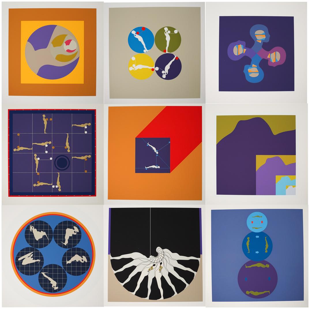 Ernest Trova (American.1927-2009) Falling Man Manscapes: DESCRIPTION:A complete Ernest Trova (American, 1927-2009) "Falling Man Manscapes" portfolio containing (10) silkscreens on double thick rag content paper, boxed in a silver foil case. Each is signed a