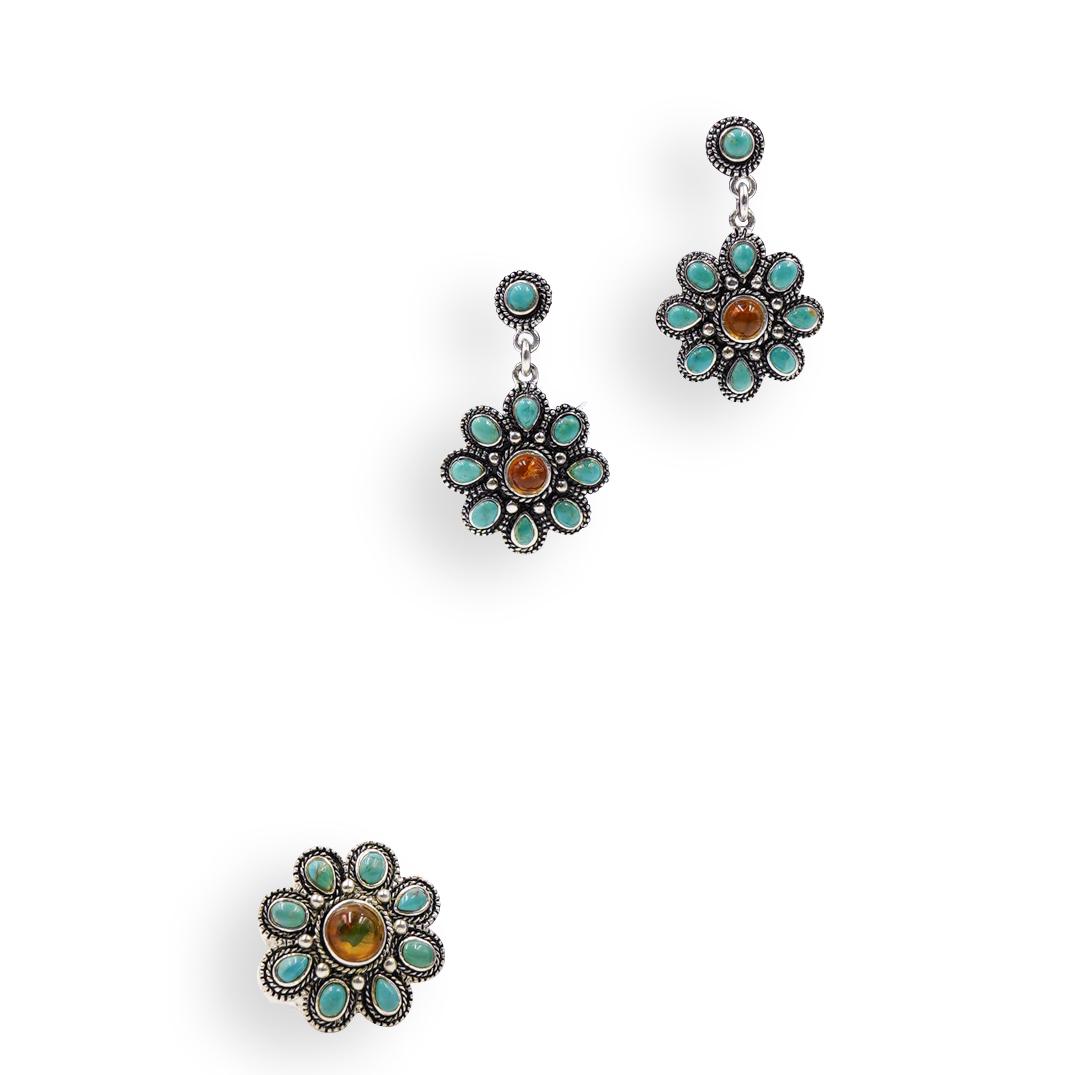 (3 Pc) Navajo Style Sterling, Amber and Turquoise Set (1 of 4)