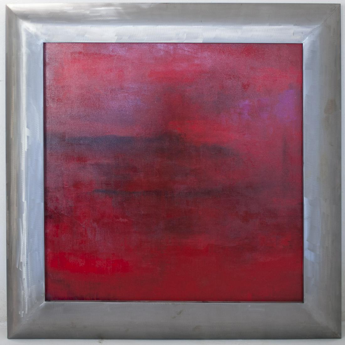 Sarah Tanner (American, 20th Century) Painting: DESCRIPTION: An oil on canvas painting by Sarah Tanner, titled "Reflex". Featuring a red color scheme with obscure detailing. Set in a soldered, brushed metal frame. Signed on verso: "Tanner Reflex". 