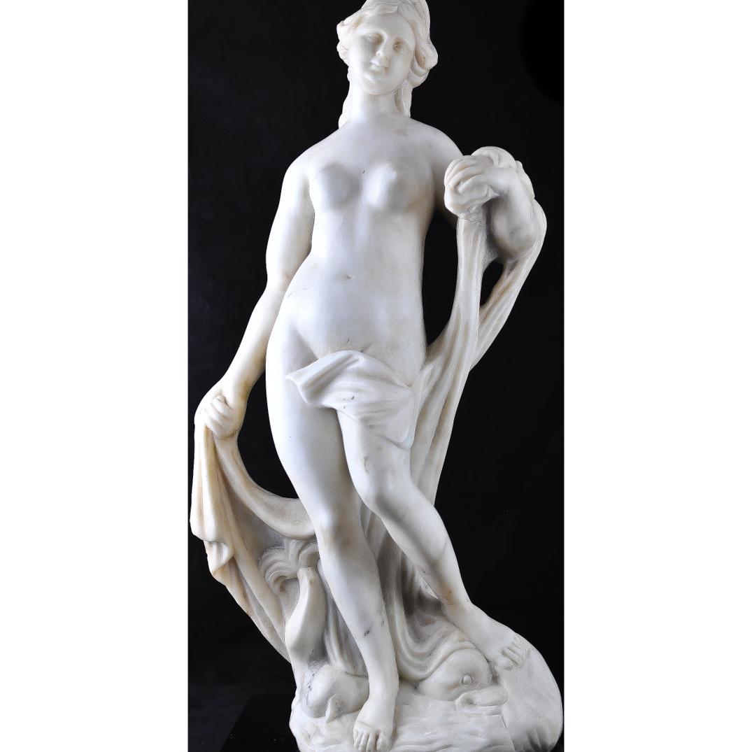 After Michel Anguier (French 1613-1686) Marble: DESCRIPTION: French marble nude sculpture after Michel Anguier. Nude woman draped in cloth. One of a kind museum piece and very well carved. Comes with French booklet. CIRCA: 19th ct MADE IN: France D
