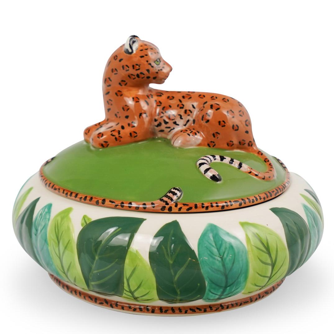 Lynn Chase Jaguar Jungle Jubilee Tureen: DESCRIPTION: Lynn Chase Atelier Jaguar Jungle Jubilee Covered Tureen, hand-painted with jaguar handle and painted turtle at bottom of tureen. CIRCA: 2006 ORIGIN: USA DIMENSIONS: H. 8" x D. 11" CONDITI