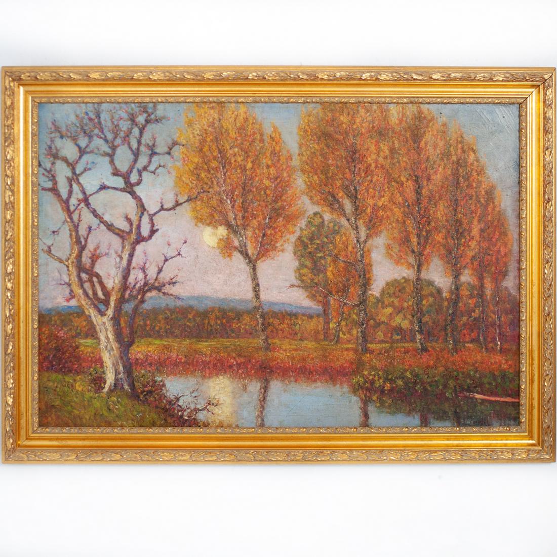 George Vaughn Curtis (English. 1859-1943) Oil: DESCRIPTION: An oil on canvas painting by English-American artist George Vaughn Curtis titled "Birches On Road Near Fontainebleau, France" in a impressionist style depicting a French countryside in fa