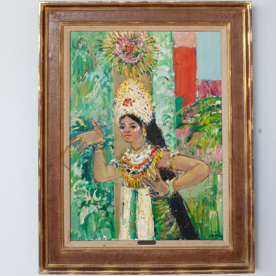 Ardissone, Yolande (France B.1927) Oil On Canvas: DESCRIPTION: "Vignoles" Oil on Canvas by Yolande Ardissone. Features a woman standing in a decorative native outfit. Signed "Ardissone" lower right.Ã‚ CIRCA: 20th ORIGIN: France DIMENSIONS: H:36" W