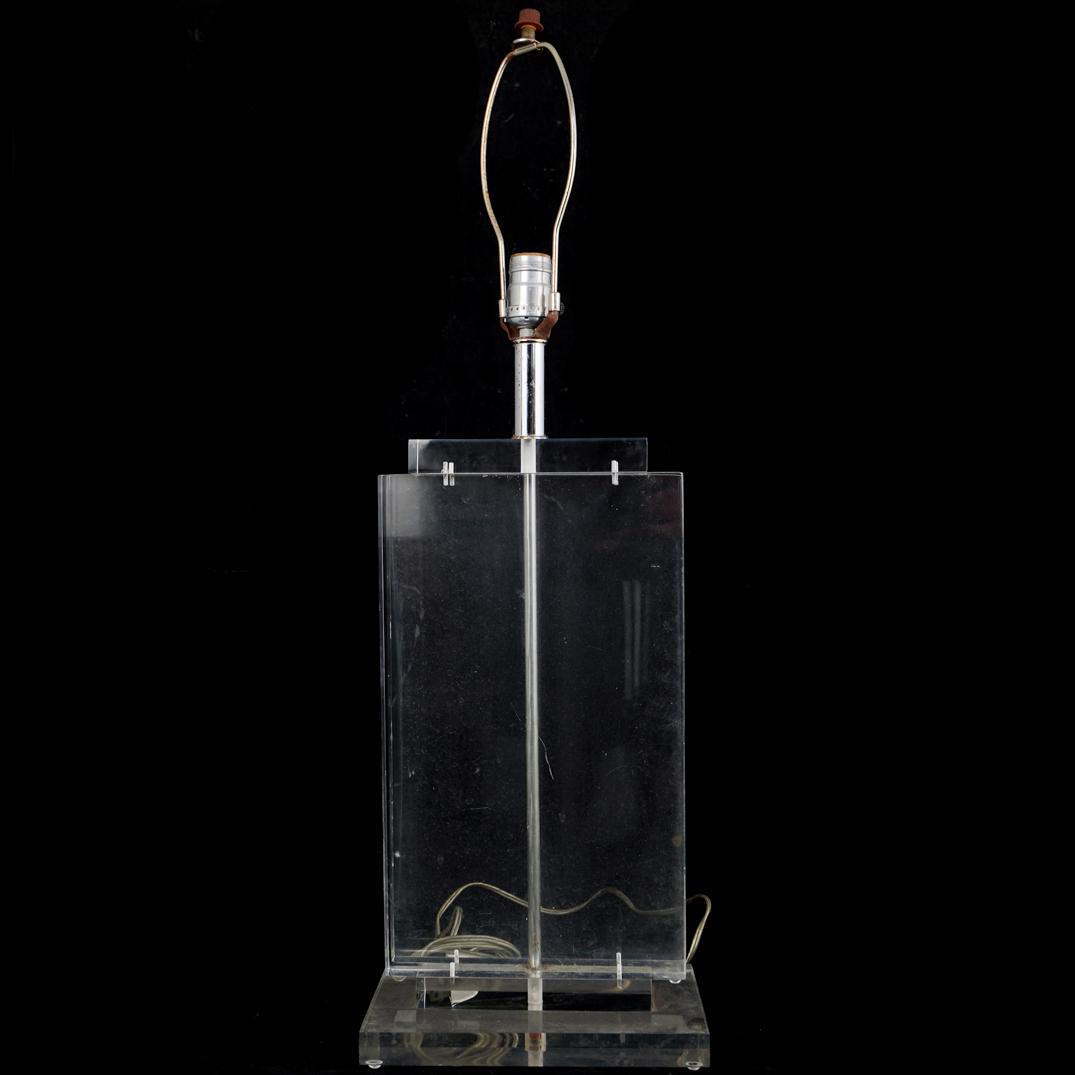 Lucite Table Lamp: DESCRIPTION:A rectangular lucite table lamp with single bulb outlet.Ã‚ CIRCA: 20th Ct. ORIGIN: ContinentalÃ‚ DIMENSIONS: H:32" x L:10" x W:6" CONDITION: Shade not included. See lot description f
