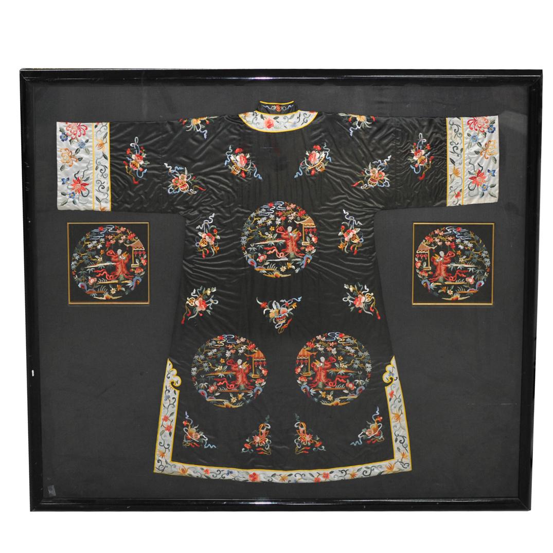 Framed Chinese Embroidered Black Silk Kimono Robe (1 of 5)