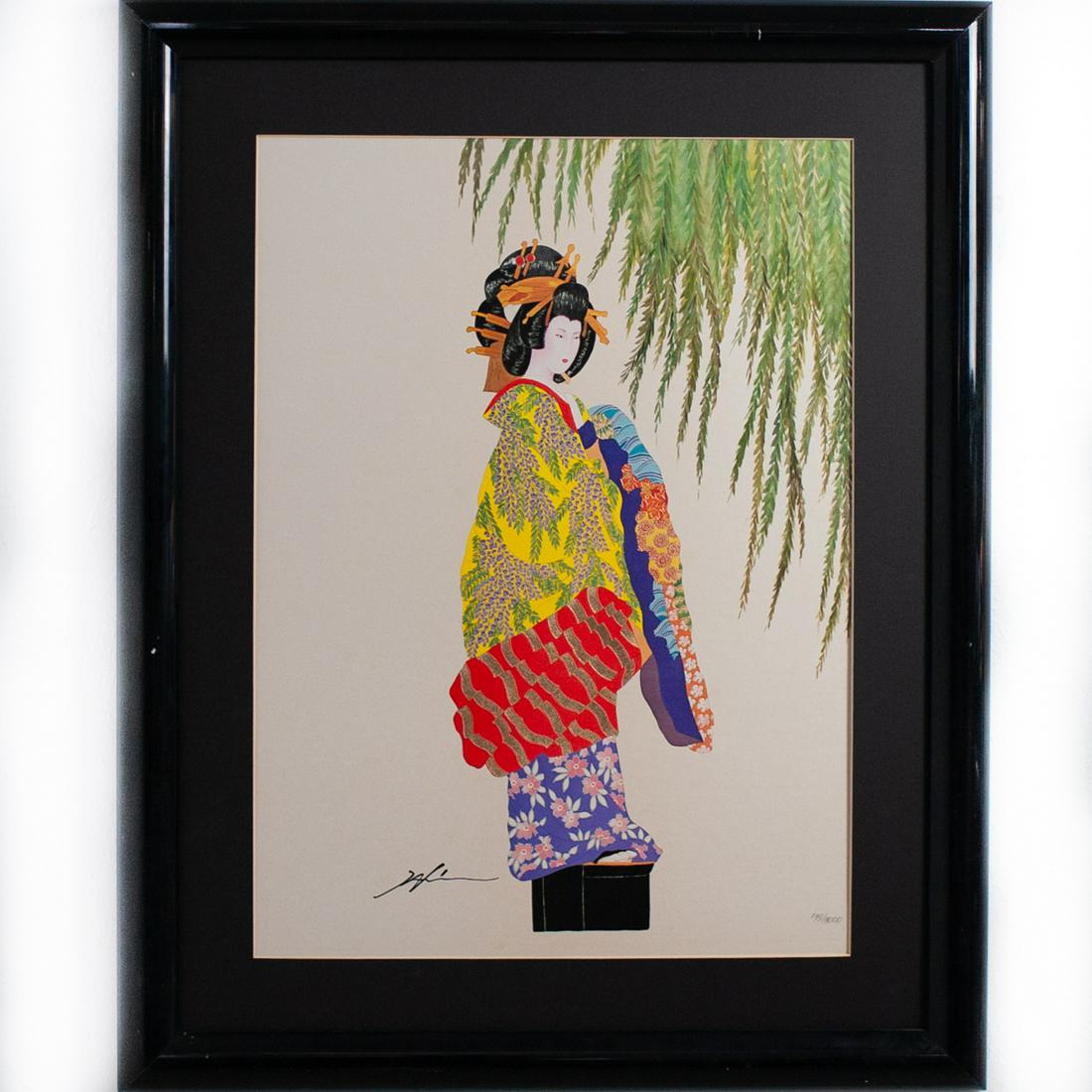 Geisha Lithograph On Silk Signed. (1 of 4)