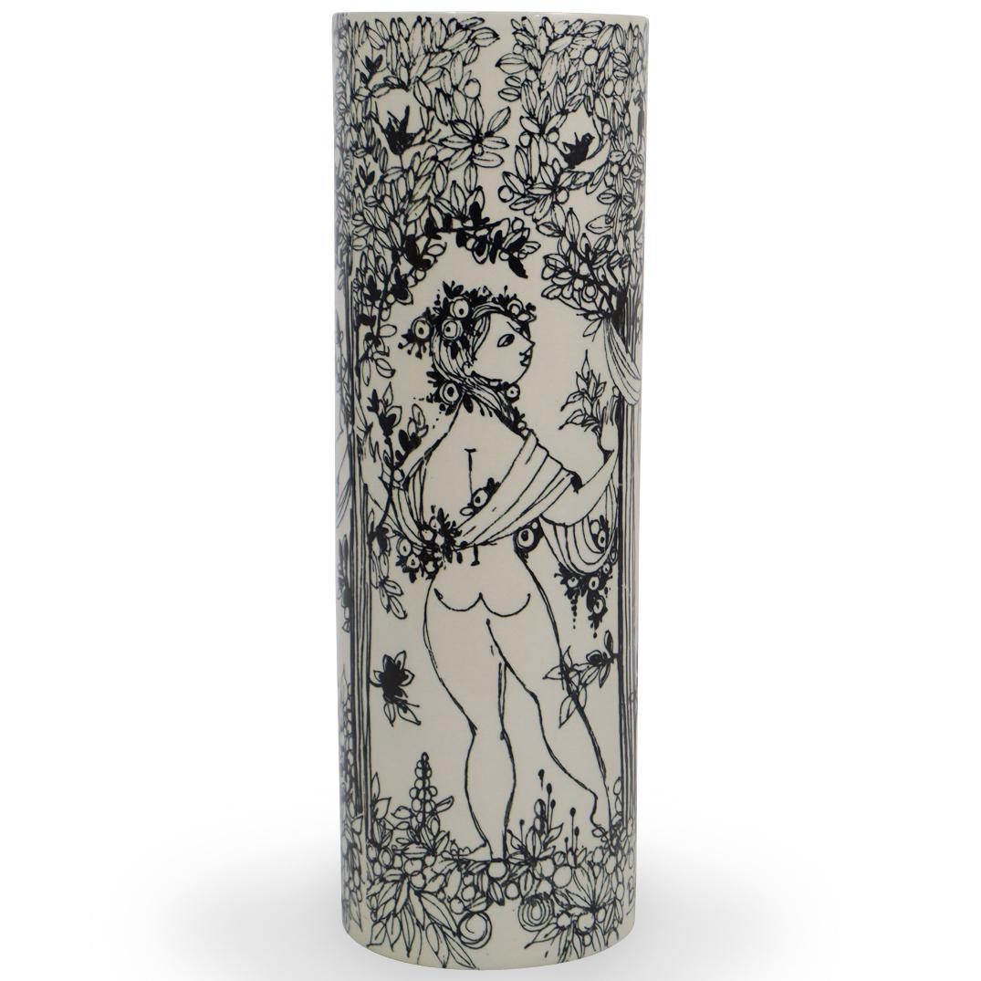 Bjorn Wiinblad Cylinder Porcelain Vase: DESCRIPTION: A Bjorn Wiinblad Cylinder porcelain vase. Signed on the vase and underside "The Gratier, Nymolle, Denmark, 3159-1317, Bjorn Wiinblad" CIRCA: 1950s ORIGIN: Denmark DIMENSIONS: H: 10.5" x D