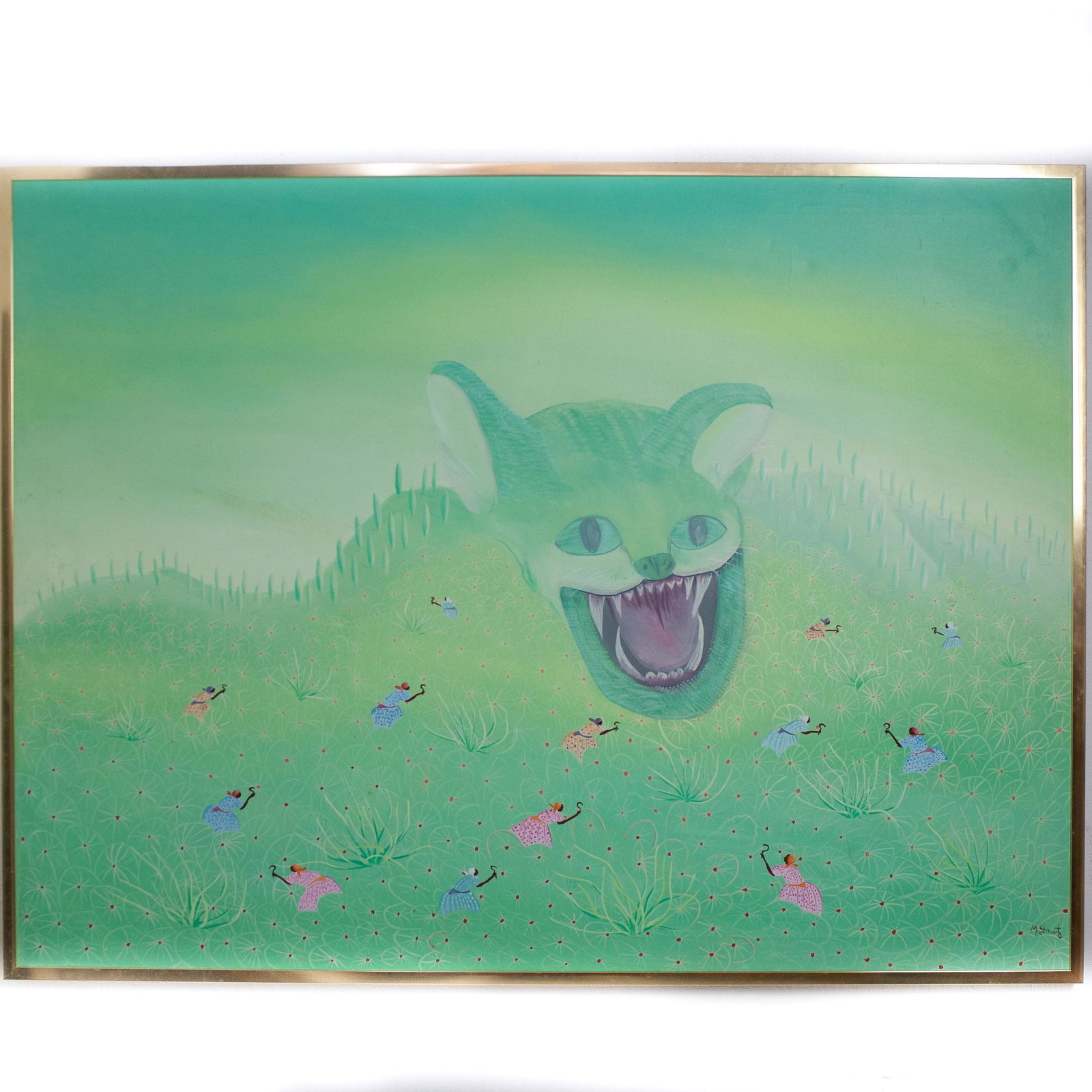 Haitian Oil on Canvas Signed:"M. Grantz": DESCRIPTION: A Haitian oil on canvas painting. Depicts women with sickles amongst a hill topped by the visage of a feline. Signed along the bottom right:"M. Grantz". CIRCA: Mid-Late 20th Ct. ORIGIN: H