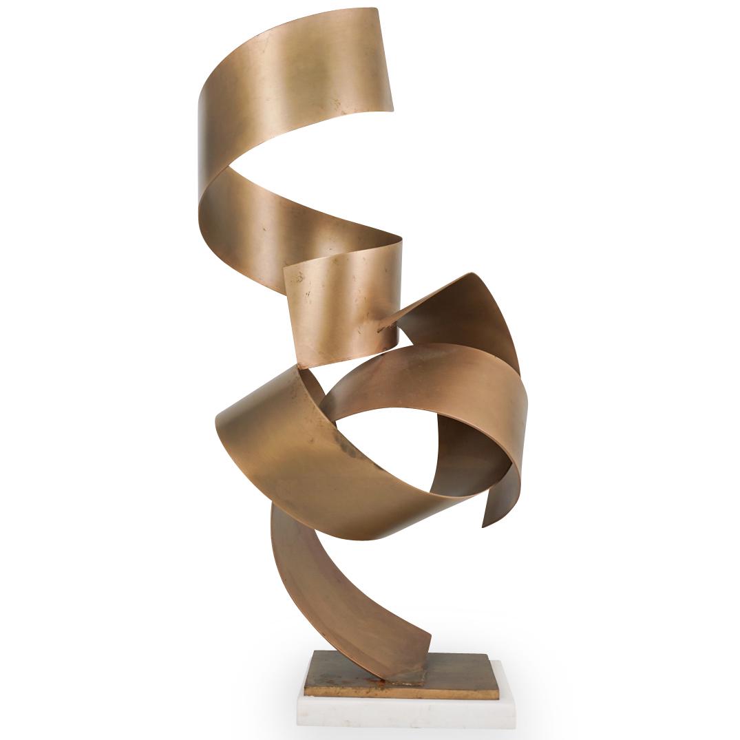 Metal Abstract Sculpture: DESCRIPTION: An abstract Dan Murphy style sculpture composed of copper toned metal in curled positions joined together, mounted to white quartz base. CIRCA: 20th Ct. ORIGIN: Continental DIMENSIONS: H: