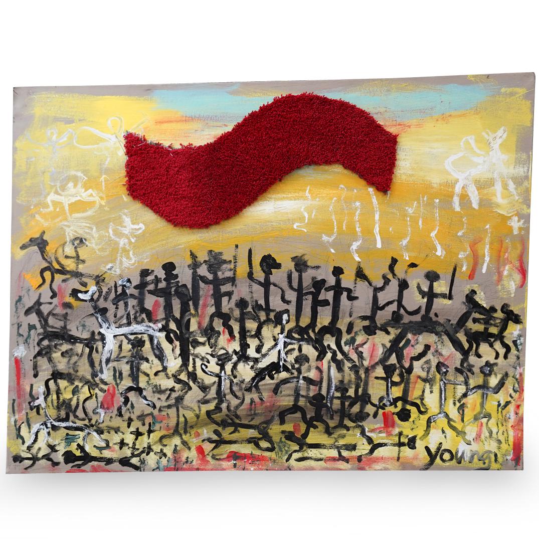 Purvis Young (American, 1943-2010) Mixed Media: DESCRIPTION: A Purvis Young (American, 1943-2010) Mixed media (House paint, glitter, pen and carpet) on canvas painting, featuring Young's traditional figural designs with yellow, brown and gray hues.