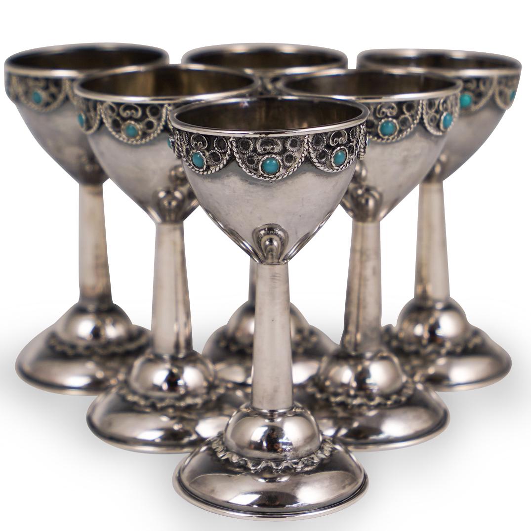 Six (6) Sterling Silver and Turquoise Kiddush Cups (1 of 3)