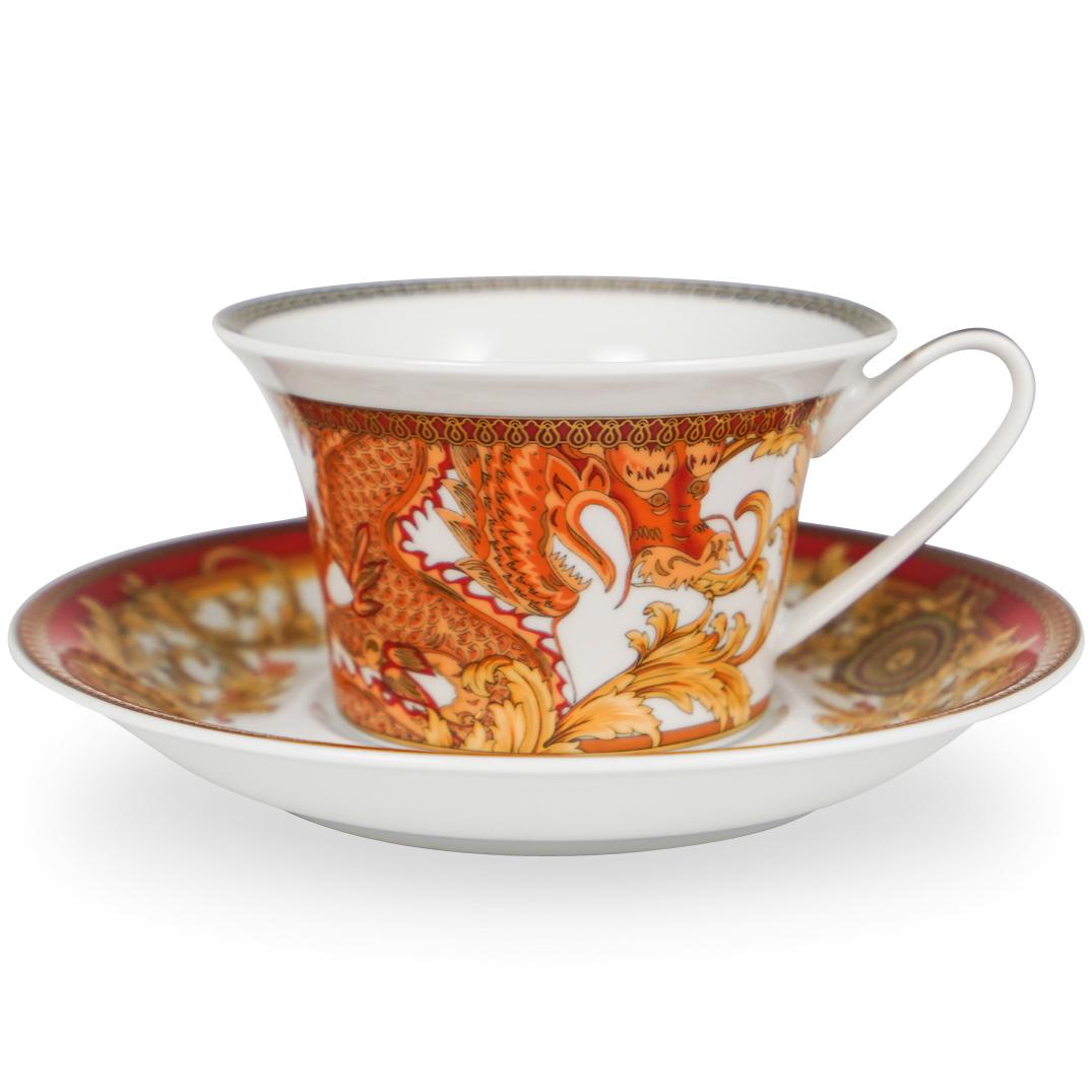 Rosenthal Versace "Asian Dream" Porcelain Teacup: DESCRIPTION: A Versace cup and saucer by Rosenthal decorated in the "Asian Dream" Pattern features ornate design with gold acanthus leaves. Marked along the underside "Versace Rosenthal Asian Dream".