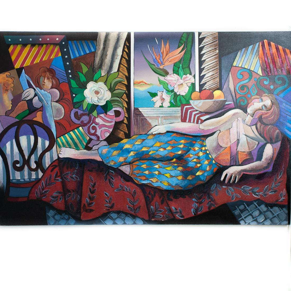 Acrylic On Canvas "Relaxation" Signed MongelloÃ‚: DESCRIPTION: An acrylic on canvas painting titled "Relaxation" depicts a lying woman in abstract expressionist style, complimented with a vibrant hued setting and backdrop. Signed on the bottom right