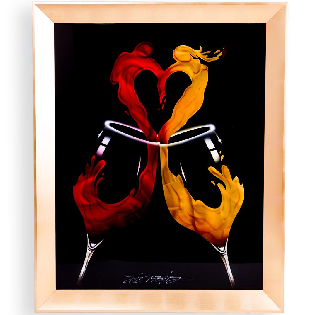 Chris DeRubeis (American, b. 1978) Mixed Media: DESCRIPTION: A mixed media on aluminum composition depicting two wine glasses titled "Opposites Attract" Framed under glass. Comes with Certificate of Authenticity from Park West Gallery. Hand signed 