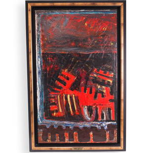 Perez Celis (Argentine,1939-2008) Oil on Canvas: DESCRIPTION: An oil on canvas painting depicting an abstract composition in red and yellow hues. Signed and dated center right "Perez Celis 1961" also signed and dated on reverse. Framed. CIRCA: 1960s