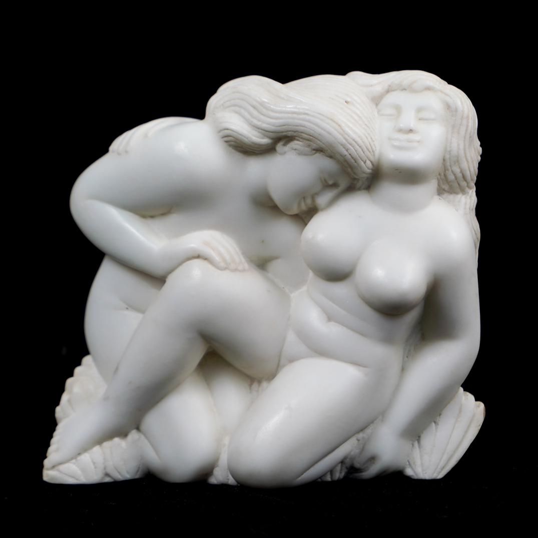 Andre Deluol (French, 1909-2003) Erotic Marble: DESCRIPTION: A Erotic White Marble bust by French artist Andre Deluol portrays two nude maidens embracing each other, signed along the underside "A.Deloul" CIRCA: Mid-Late 20th Cent. ORIGIN: France DI