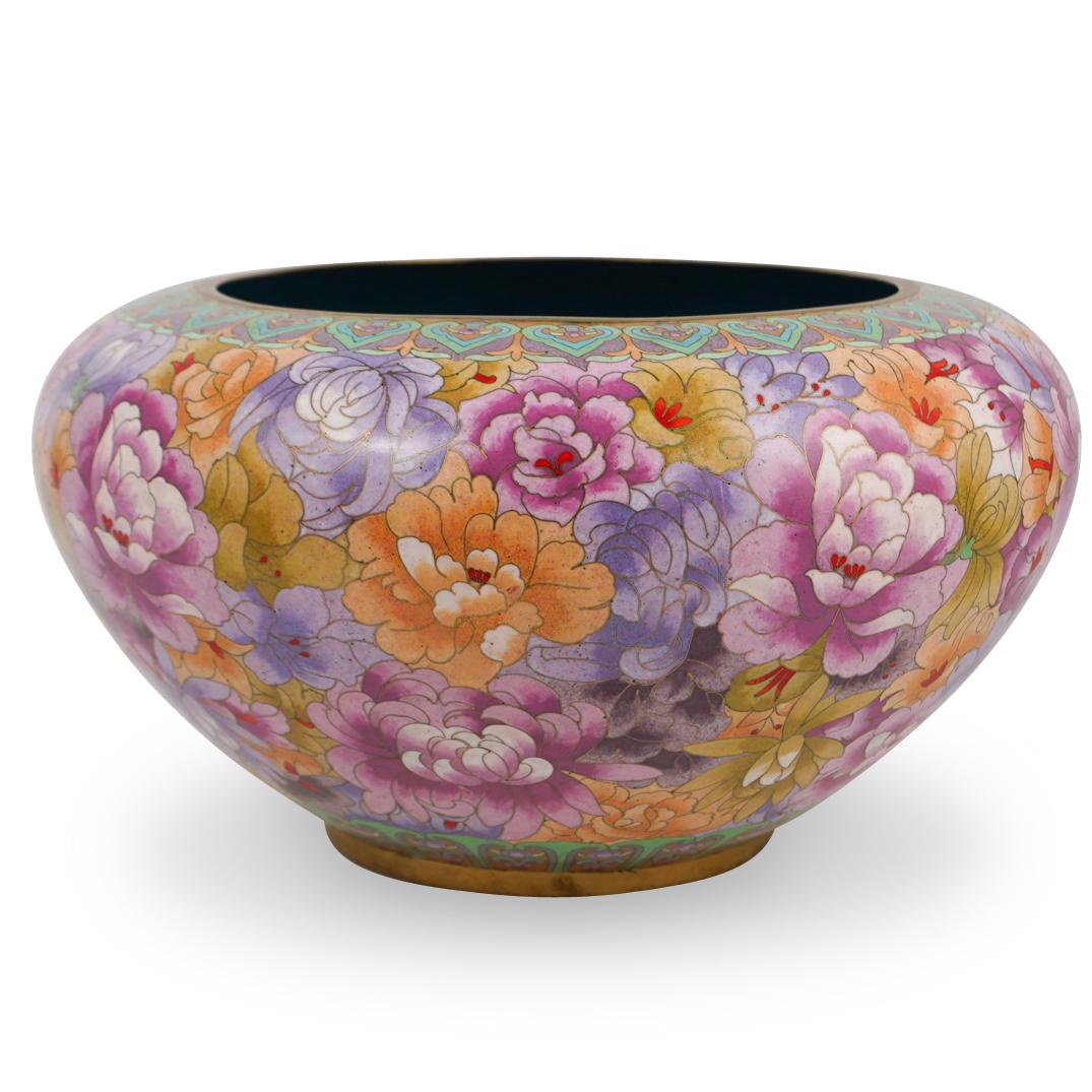 Chinese Cloisonne Bowl: DESCRIPTION: A Chinese cloisonne bowl with multi colored floral design. CIRCA:20th Ct. ORIGIN:China DIMENSIONS:H:9" x D:16" CONDITION: Great condition. See lot description for details on item conditio