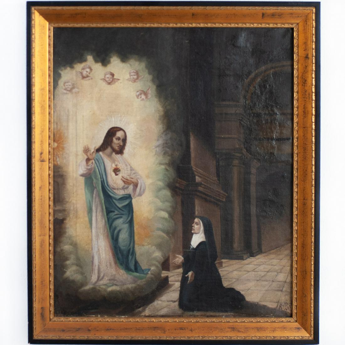 19th Ct. Religious Oil On Canvas Painting: DESCRIPTION: An oil on canvas painting, possibly Old Masters depicts the vision of a nun kneeling before Jesus Christ surrounded by a bright silhouette, finished with small cherubs along the top, sign