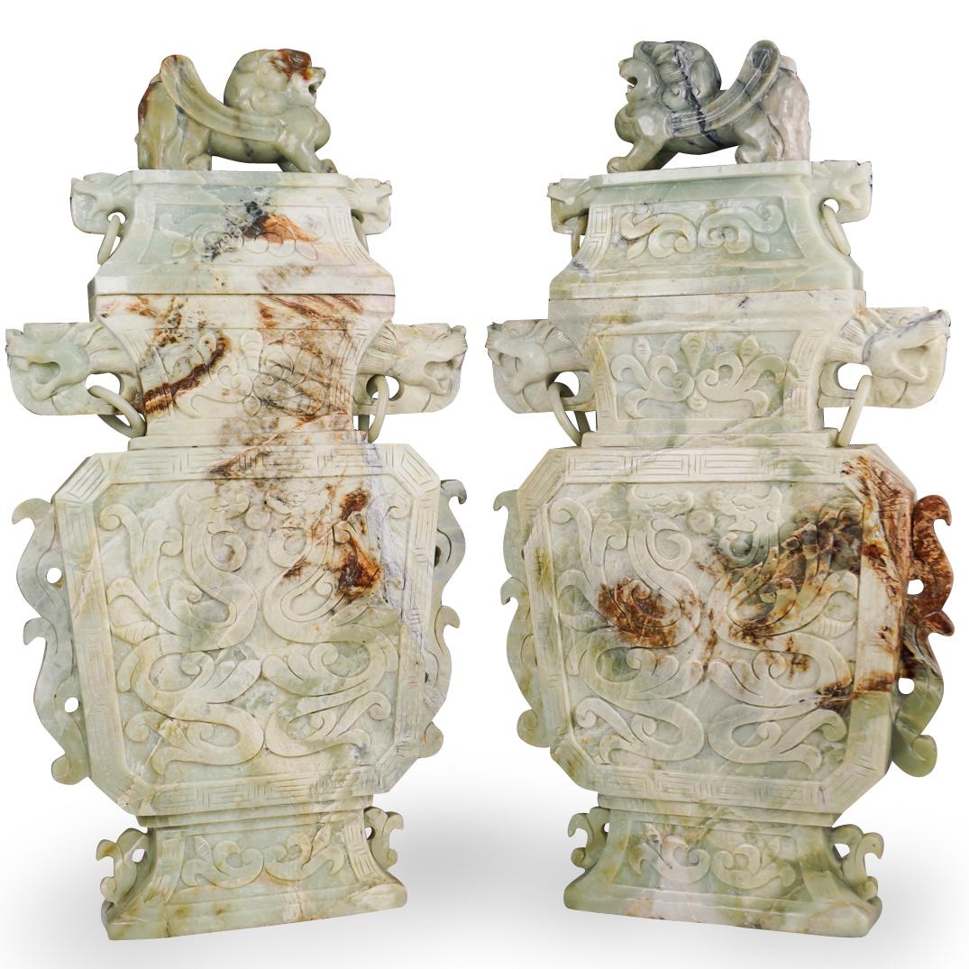 Pair Of Large Chinese Jade Foo Dog Urns (1 of 13)