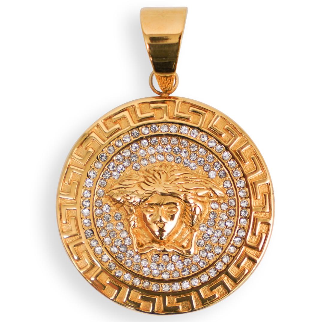 Versace Style Medusa Medallion: DESCRIPTION: Versace style medusa head rhinestone medallion. Reverse engraved "K, Stainless Steel" CIRCA:20th Ct. ORIGIN:Continental DIMENSIONS: D:43 mm CONDITION: Great condition. See lot description