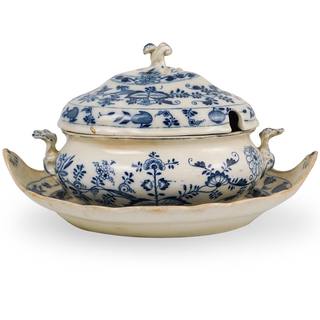 Bates Walker & Co. Dresden "Blue Onion" Tureen: DESCRIPTION: An earthenware "Blue Onion" pattern tureen and platter, marked "B W & Co. Late Mayers, Dresden" with date hallmarking, Impressed with "Dale Hall Pottery Co. Each piece has hallmarkings an