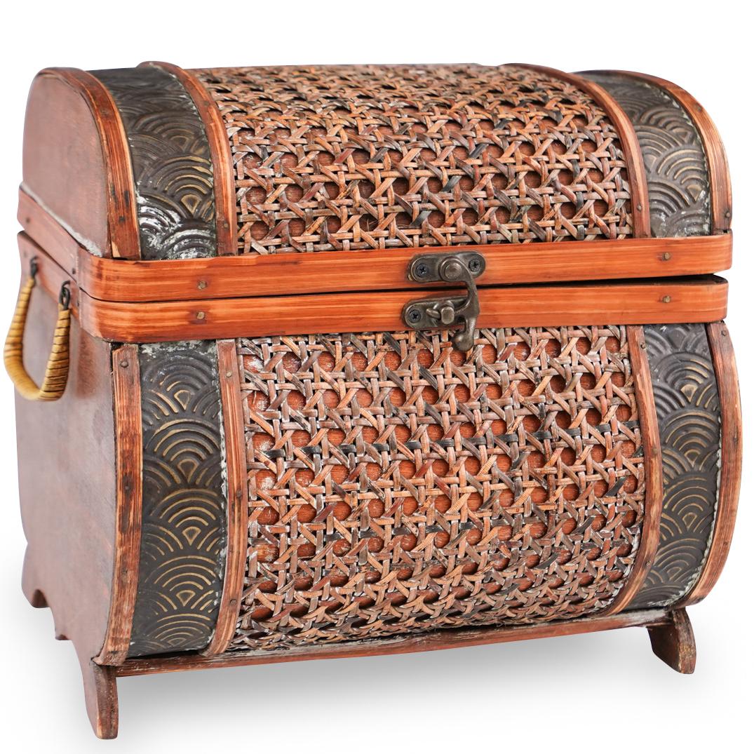 Cane & Wood Chest: DESCRIPTION: A wood chest adorned with metal accents and woven cane, with two handles and metal swing latch closure. CIRCA:20th Ct. ORIGIN:Continental DIMENSIONS: H:9" x L:9.5" x W:8.75" CONDITION: Gr
