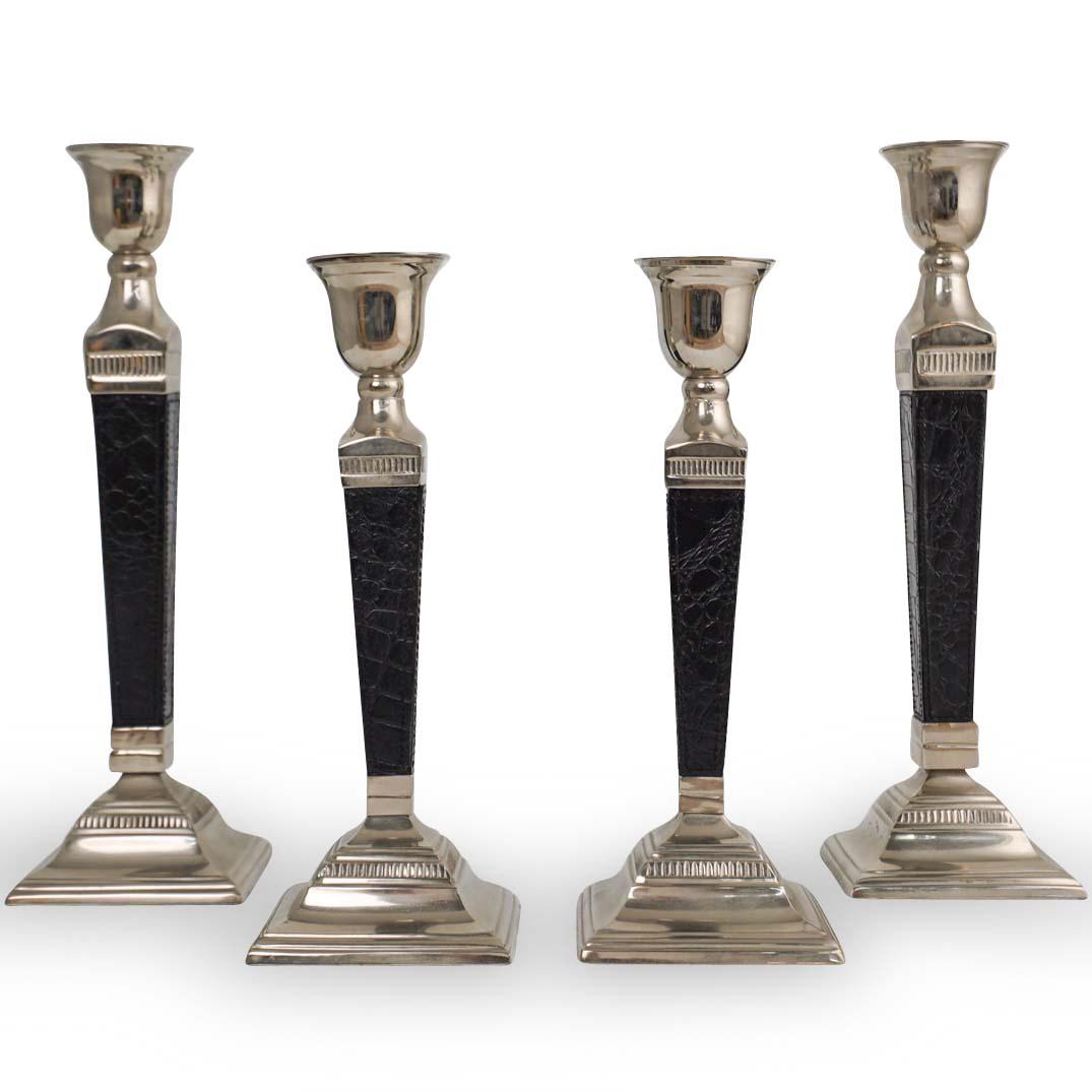 (4 Pc) Nickel & Leather Candlestick Holder Set (1 of 5)