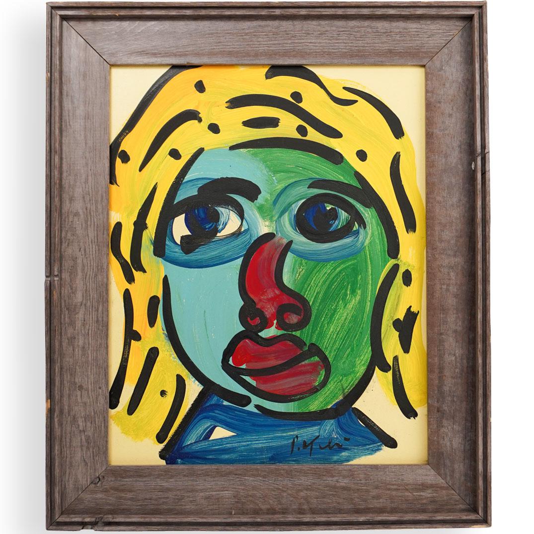 Peter Keil (German, b.1942) Acrylic On Canvas Painting: DESCRIPTION: Peter Keil (German, b.1942) Acrylic on canvas painting, featuring a multi colored face with bright blonde hair, signed "P Keil" bottom middle. Complete in wood frame.CIRCA:20th Ct.ORIGIN: