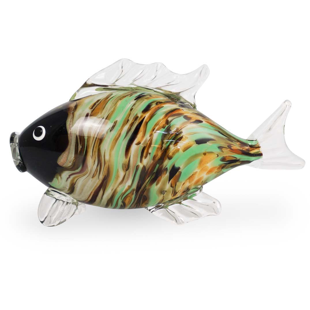 Art Glass Fish Sculpture: DESCRIPTION: A Victorian style vase composed of a bronze base decorated with ornate and floral patterns, further centered by feather motifs. Fitted with a glass insert with handkerchief rim.CIRCA: Ear