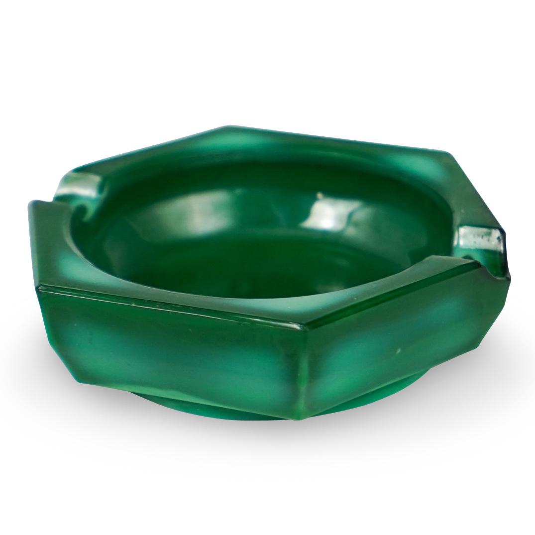 Malachite Glass Ashtray: DESCRIPTION: A Malachite glass ashtray.CIRCA:20th Ct.ORIGIN:ContinentalDIMENSIONS: D:3,25"CONDITION: Great condition. See lot description for details on item condition. More detailed condition request