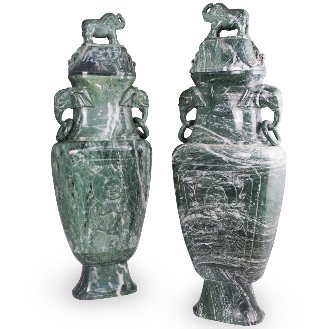 Pair Of Jade Carved Elephant Motif Urns (1 of 8)